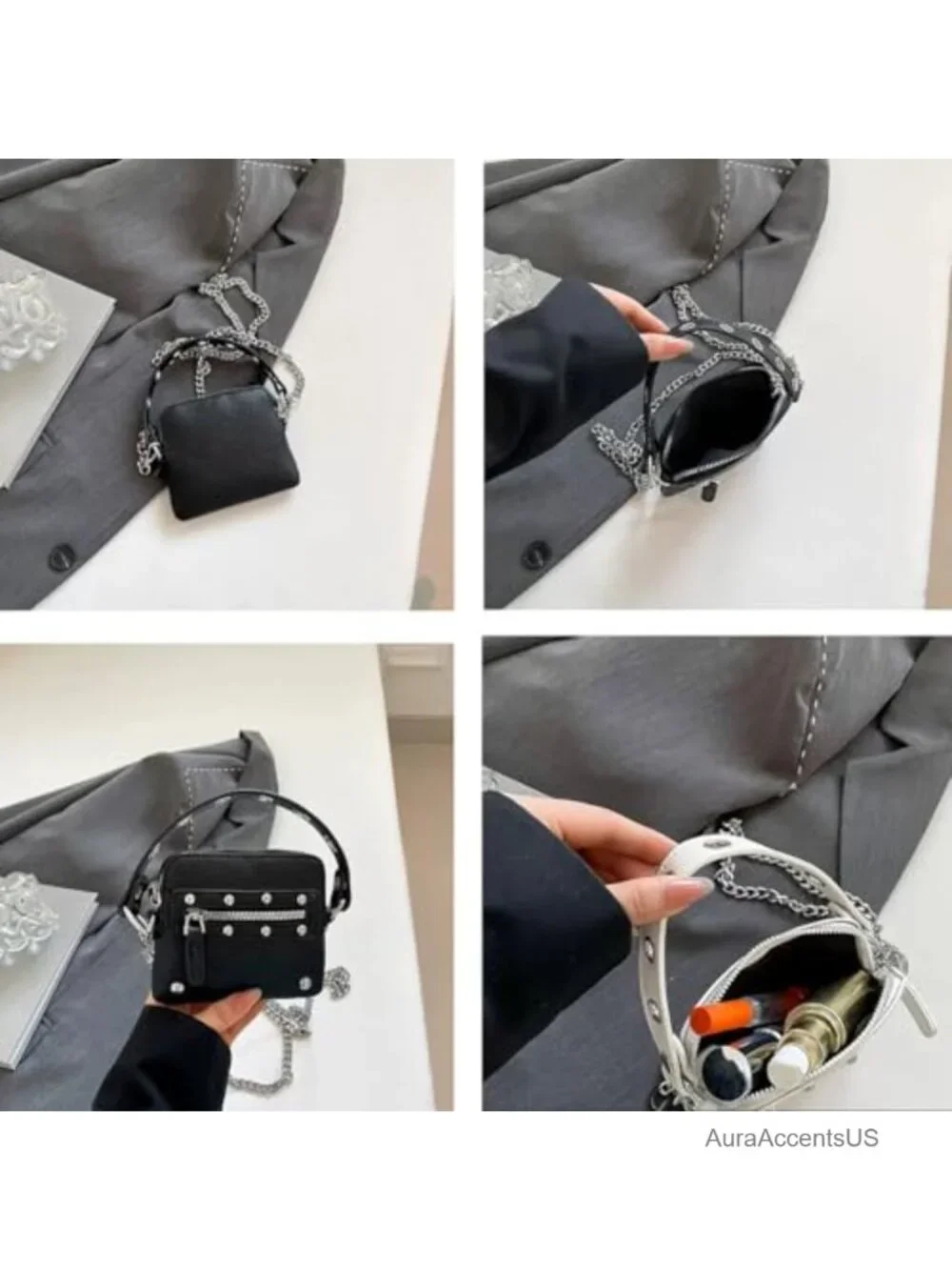 Goth Purse Top-Handle Handbag Mini Crossbody Hobo Faux Leather Gold Rivet